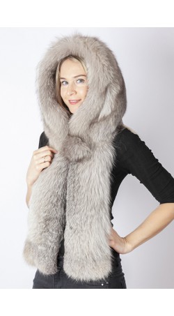 Grey fox fur hood-scarf